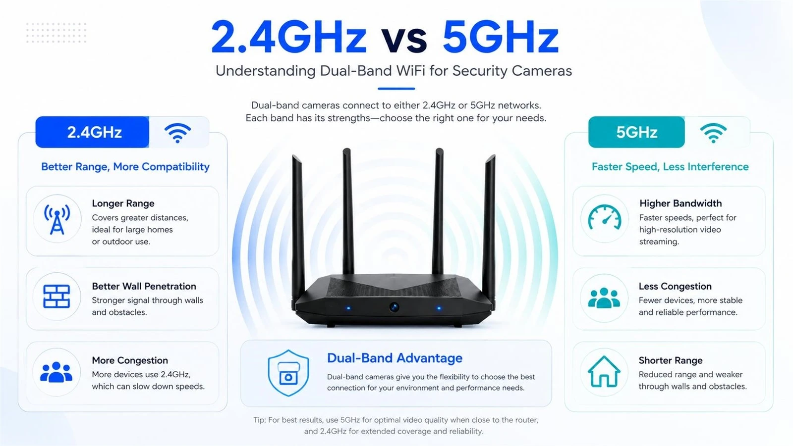 2.4GHz vs 5GHz WiFi comparison for dual-band security cameras 2.4GHz vs 5GHz WiFi comparison for dual-band security cameras