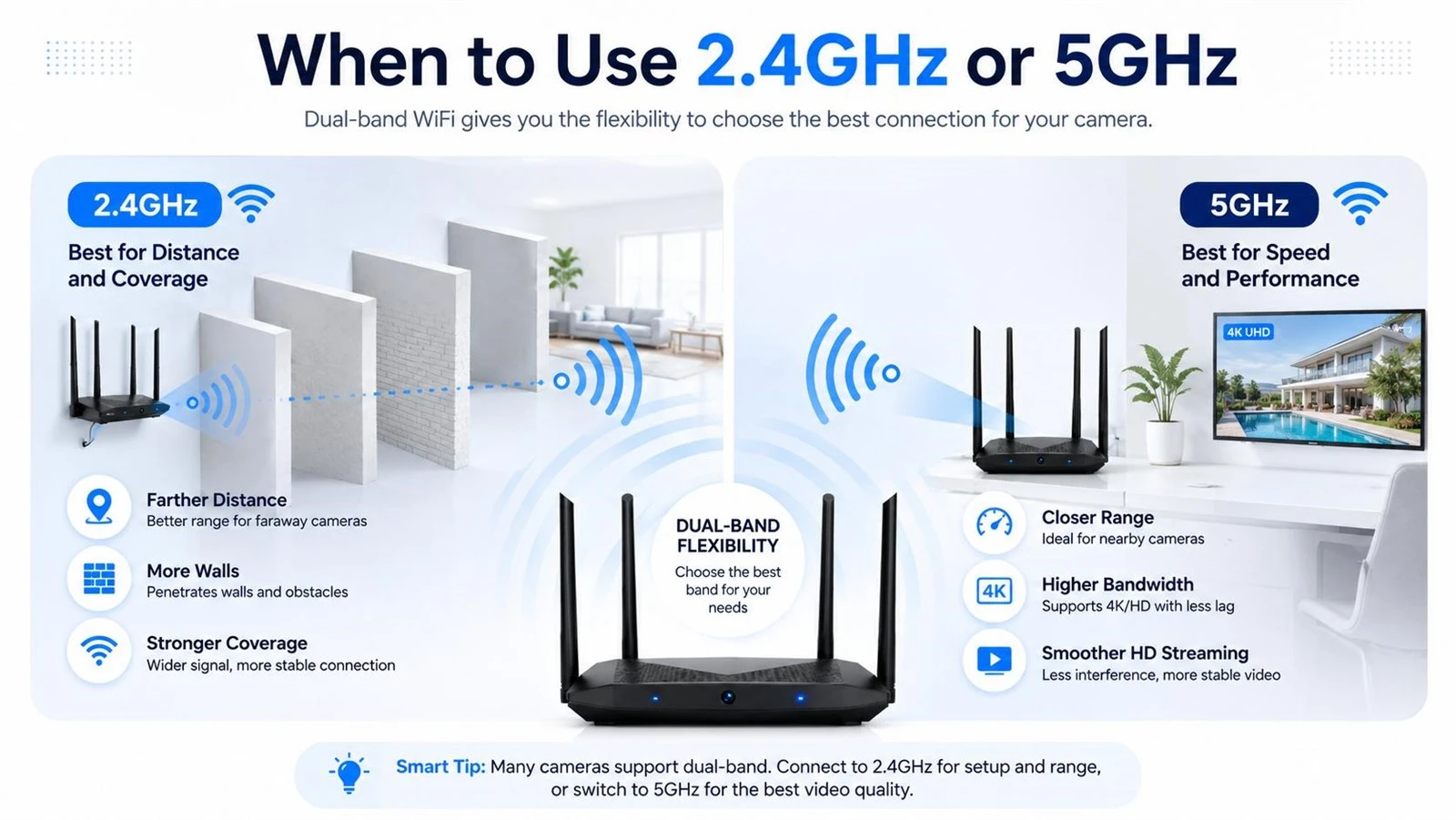 When to use 2.4GHz or 5GHz WiFi for security cameras based on range and bandwidth When to use 2.4GHz or 5GHz WiFi for security cameras based on range and bandwidth