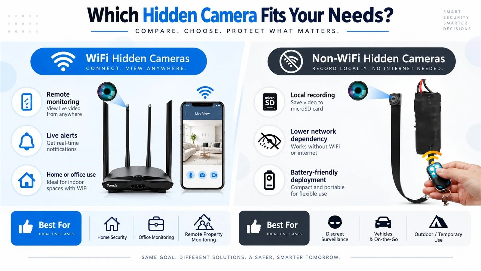 WiFi and non-WiFi hidden camera use case comparison for remote monitoring, local recording, battery use, and network dependency WiFi and non-WiFi hidden camera use case comparison for remote monitoring, local recording, battery use, and network dependency